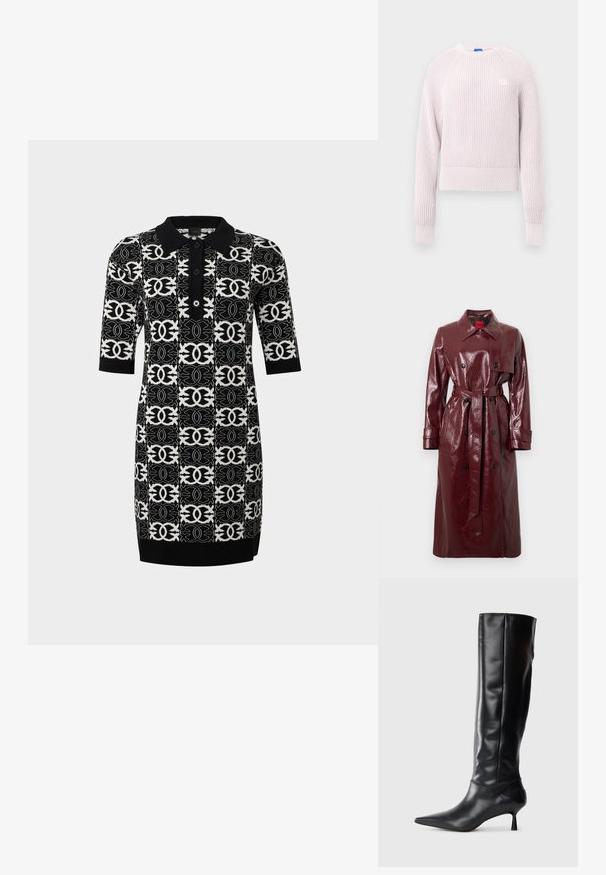 Trench-coat bordeaux brillant avec une taille ceinturée, un devant à double boutonnage, un large col et deux poches avant. Texture lisse et brillante.; Pull court rose clair avec texture côtelée, encolure ronde et manches longues. Présente un petit logo sur la poitrine.; Robes polo en tricot avec un motif géométrique noir et blanc. Caractéristiques des manches courtes, un col et trois boutons sur le devant.; Botte en cuir noir hautes jusqu'au genou avec un bout pointu et un talon fin et courbé. Texture lisse, design ajusté, sans matériel ni motifs visibles.
