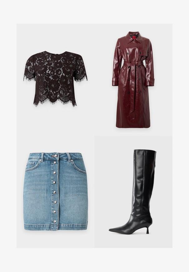Burgundy glossy trench coat with a belted waist, double-breasted front, large collar, and two front pockets. Smooth, shiny texture.; Light pink cropped sweater with ribbed texture, round neckline, and long sleeves. Features a small logo on the chest.; Black lace crop top with short sleeves, featuring floral patterns and fringed edges. The design has a scalloped hem for added detail.; Light blue denim mini skirt featuring a front button closure with silver hardware, two front pockets, and a frayed hemline.; Black leather knee-high boot with a pointed toe and slim curved heel. Smooth texture, fitted design, and no visible hardware or patterns.