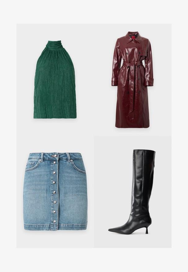Bordeauxrode glanzende trenchcoat met een tailleceintuur, dubbele knoopsluiting aan de voorkant, grote kraag en twee voorzakken. Soepele, glanzende textuur.; Lichtroze cropped trui met geribbelde textuur, ronde hals en lange mouwen. Voorzien van een klein logo op de borst.; Groene geplooide top met een hoge hals. Gemaakt van textuurstof, met een verzameld ontwerp en verticale ribbels voor extra diepte.; Lichtblauwe denim minirok met een voorste knoopsluiting met zilverkleurige details, twee steekzakken aan de voorkant en een rafelige zoom.; Zwarte leren kniehoge laars met een spitse neus en slanke gebogen hak. Gladde textuur, aansluitend ontwerp en geen zichtbare hardware of patronen.
