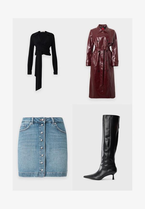 Burgundy glossy trench coat with a belted waist, double-breasted front, large collar, and two front pockets. Smooth, shiny texture.; Light pink cropped sweater with ribbed texture, round neckline, and long sleeves. Features a small logo on the chest.; Black wrap blouse with long sleeves, spread collar, and tie detail at the waist. Made from a smooth fabric with a lightweight texture.; Light blue denim mini skirt featuring a front button closure with silver hardware, two front pockets, and a frayed hemline.; Black leather knee-high boot with a pointed toe and slim curved heel. Smooth texture, fitted design, and no visible hardware or patterns.