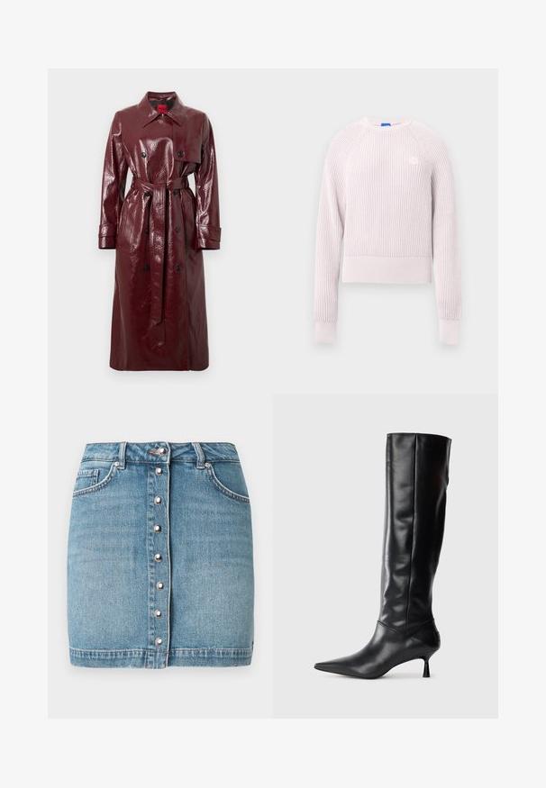 Burgundy glossy trench coat with a belted waist, double-breasted front, large collar, and two front pockets. Smooth, shiny texture.; Light pink cropped sweater with ribbed texture, round neckline, and long sleeves. Features a small logo on the chest.; Light blue denim mini skirt featuring a front button closure with silver hardware, two front pockets, and a frayed hemline.; Black leather knee-high boot with a pointed toe and slim curved heel. Smooth texture, fitted design, and no visible hardware or patterns.