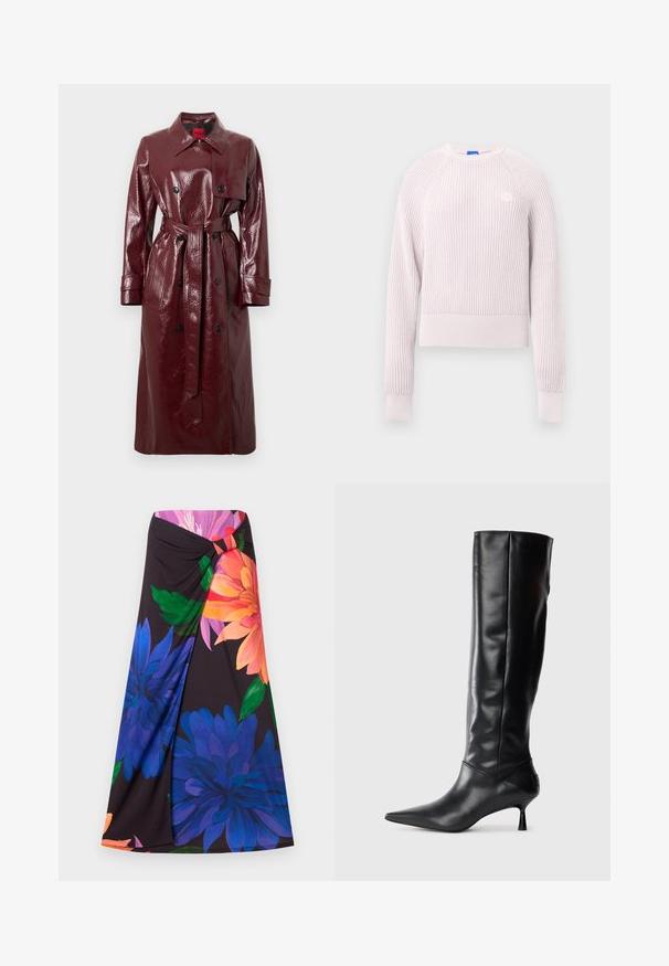 Gabardina burdeos brillante con cintura ceñida, diseño cruzado, cuello grande y dos bolsillos frontales. Textura suave y lustrosa.; Suéter corto de color rosa claro con textura acanalada, escote redondo y mangas largas. Presenta un pequeño logo en el pecho.; Falda maxi floral con un fondo negro, que presenta grandes flores azules y naranjas. Diseño anudado en la cintura con un acento rojo. Tejido suave.; Bota de cuero negra hasta la rodilla con punta afilada y tacón delgado curvado. Textura suave, diseño ajustado y sin hardware ni patrones visibles.