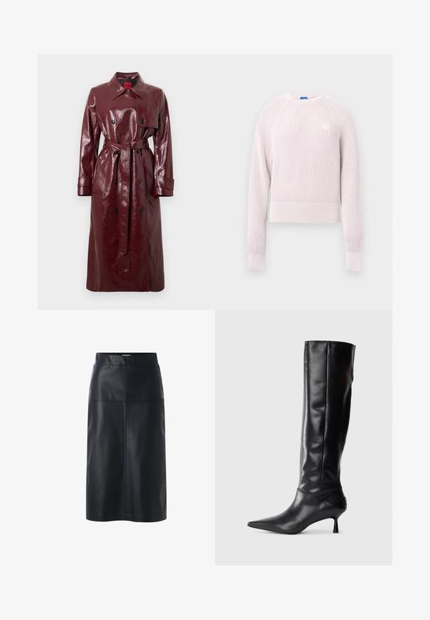 Glänzender Trenchcoat in Burgunderrot mit tailliertem Gürtel, doppelreihiger Knopfleiste, großem Kragen und zwei Vorder pockets. Glatte, glänzende Textur.; Hellrosa kurzer Pullover mit gerippter Struktur, rundem Ausschnitt und langen Ärmeln. Mit kleinem Logo auf der Brust.; Schwarze Lederrock mit gerader Silhouette, mit glatter Textur, Taillenbund und detaillierter Naht auf den Vorderpaneelen.; Schwarze Lederstiefel bis zum Knie mit spitzem Zehenbereich und schmalem, geschwungenem Absatz. Glatte Textur, enganliegendes Design und keine sichtbaren Beschläge oder Muster.