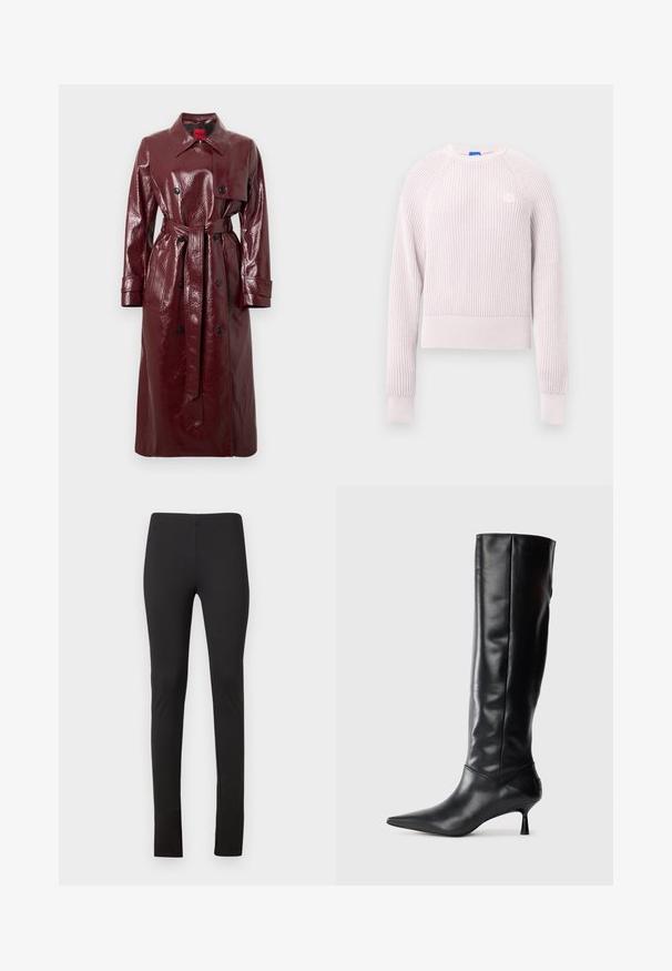 Trench-coat bordeaux brillant avec une taille ceinturée, un devant à double boutonnage, un large col et deux poches avant. Texture lisse et brillante.; Pull court rose clair avec texture côtelée, encolure ronde et manches longues. Présente un petit logo sur la poitrine.; Collants noirs en tissu extensible, au design ajusté et aux lignes épurées, sans poches ni ornements.; Botte en cuir noir hautes jusqu'au genou avec un bout pointu et un talon fin et courbé. Texture lisse, design ajusté, sans matériel ni motifs visibles.