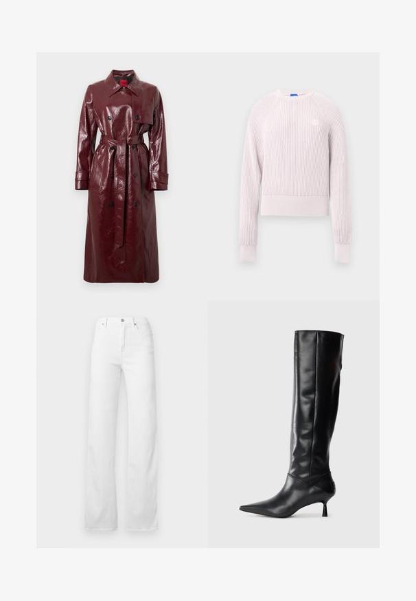 Glänzender Trenchcoat in Burgunderrot mit tailliertem Gürtel, doppelreihiger Knopfleiste, großem Kragen und zwei Vorder pockets. Glatte, glänzende Textur.; Hellrosa kurzer Pullover mit gerippter Struktur, rundem Ausschnitt und langen Ärmeln. Mit kleinem Logo auf der Brust.; Weiße Denim-Jeans mit einem geraden Bein, Fünf-Taschen-Design und klassischem Knopf- sowie Reißverschluss mit silberner Hardware.; Schwarze Lederstiefel bis zum Knie mit spitzem Zehenbereich und schmalem, geschwungenem Absatz. Glatte Textur, enganliegendes Design und keine sichtbaren Beschläge oder Muster.