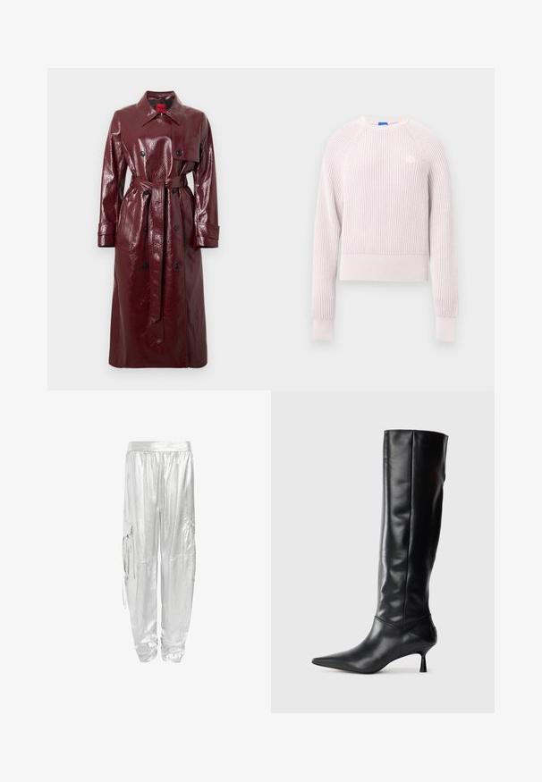Trenci lucios bordeaux cu talie cu curea, față dublu încheiată, rever mare și două buzunare frontale. Textură netedă și strălucitoare.; Pulover roz deschis cropped cu textură rib și guler rotund, mâneci lungi. Are un mic logo pe piept.; Pantaloni cargo argintii cu finisaj metallic strălucitor. Proiectați cu o talie elastică și două buzunare laterale pentru funcționalitate.; Botine negre din piele, până la genunchi, cu vârf ascuțit și toc subțire, curbat. Textură netedă, design ajustat și fără elemente de prindere sau modele vizibile.