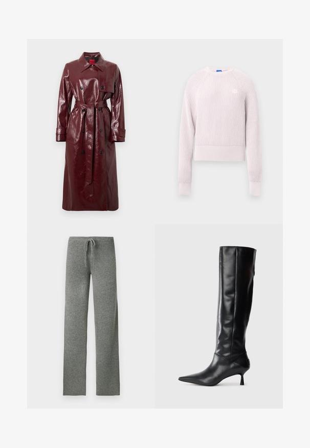 Burgundi värvi läikiv trentšmantel vööga, kahe rinnaga esiosaga, suure kraega ja kahe esetaskuga. Sile, läikiv tekstuur.; heleroosa lühike kampsun soonilise tekstuuriga, ümara kaelusega ja pikkade varrukatega. Esiküljel väike logo.; Hallid soonikkoes püksid, millel on nööriga vöökoht. Sirge säär ja pehme tekstuur. Ilma nähtavate mustrite või riistvaraliste detailideta.; Must musta kõrge saabas terava ninaga ja sihvakate kaartega kontsadega. Sile tekstuur, keha vastav disain ja nähtava riistvarata või mustriteta.