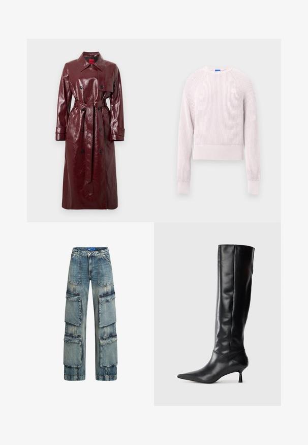 Vīna sarkana spīdīga trenčmētelis ar jostu viduklī, dubultpogājumu priekšā, lielu apkakli un divām priekšējām kabatām. Gluda, spīdīga tekstūra.; Gaiši rozā īss džemperis ar ribotu tekstūru, apaļu kakla izgriezumu un garām piedurknēm. Uz krūtīm redzams neliels logotips.; Zilās denima kravas bikses ar brīvu piegriezumu, kas aprīkotas ar vairākiem lieliem kabatām, ar rāvējslēdzēju un nedaudz izbalējušu tekstūru, lai radītu nolietota izskata efektu.; Melnas ādas ceļgala augstuma zābaki ar norādītu purngalu un plānu izliekumu papēdi. Gluda tekstūra, pieguļošs dizains un bez redzamām detaļām vai rakstiem.