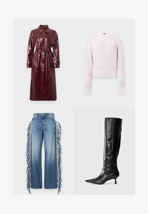 Bordo blizgus tranšėjos paltas su diržu juosmenyje, dvigubo sagstymo priekyje, dideliais atlapais ir dviem priekinėmis kišenėmis. Lygus, blizgus paviršius.; Šviesiai rožinis trumpas megztinis su gofruota struktūra, apvalia iškirpte ir ilgomis rankovėmis. Ant krūtinės yra mažas logotipas.; Šviesiai mėlynos džinsinės plačios kojos kelnės su franjele šonuose, turinčios mygtukų uždarymą ir klasikinį penkių kišenių dizainą.; Juodai odiniai iki kelių batai su smailiu pirštu ir plonu lenktu kulnu. Lygus paviršius, prigludęs dizainas ir be matomų detalijų ar raštų.