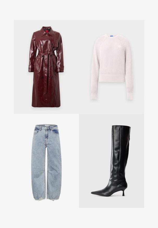 Bordo sjajni baloner s remenom u struku, dvostrukim kopčanjem sprijeda, velikim ovratnikom i dva prednja džepa. Glatka, sjajna tekstura.; Svijetloružičasti kratki džemper s rebrastom teksturom, okruglim izrezom i dugim rukavima. Na prsima ima mali logo.; Svijetloplavi traperice s opuštenim krojem, koje imaju izlizane rubove i detalje od križnog šivanja za dodatnu teksturu i interes dizajna.; Crna kožna čizma do koljena s oštrim vrhom i uskim zakrivljenim petama. Glatka tekstura, prilagođeni dizajn i bez vidljivih dodataka ili uzoraka.