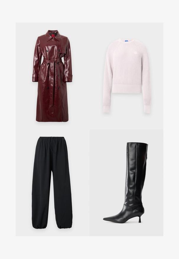 Lesklý bordó trenčkot s páskem v pase, dvouřadým zapínáním, velkým límcem a dvěma předními kapsami. Hladká, lesklá textura.; Světlounce růžový zkrácený svetr s žebrovanou texturou, kulatým výstřihem a dlouhými rukávy. Na hrudi má malou logo.; Černé kalhoty s širokými nohavicemi vyrobené z lehkého materiálu. Mají elastický pas s šňůrkou a nastavitelné manžety na spodním lemu.; Černé kožené vysoké boty po kolena s špičatou špičkou a štíhlým zakřiveným podpatkem. Hladký povrch, přiléhavý design a žádné viditelné kování nebo vzory.