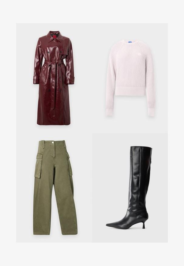 Glänzender Trenchcoat in Burgunderrot mit tailliertem Gürtel, doppelreihiger Knopfleiste, großem Kragen und zwei Vorder pockets. Glatte, glänzende Textur.; Hellrosa kurzer Pullover mit gerippter Struktur, rundem Ausschnitt und langen Ärmeln. Mit kleinem Logo auf der Brust.; Olivgrüne Cargo-Hose mit lockerem Sitz, seitlichen Taschen, einem vorderen Knopf und einer glatten, baumwollähnlichen Textur.; Schwarze Lederstiefel bis zum Knie mit spitzem Zehenbereich und schmalem, geschwungenem Absatz. Glatte Textur, enganliegendes Design und keine sichtbaren Beschläge oder Muster.