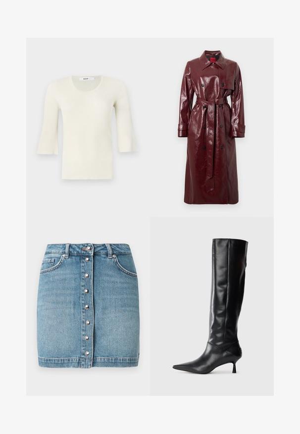 Burgundy glossy trench coat with a belted waist, double-breasted front, large collar, and two front pockets. Smooth, shiny texture.; Ribbed, light cream long-sleeve top with a round neckline and flared sleeves. Made from a textured fabric, soft finish, minimal design.; Light blue denim mini skirt featuring a front button closure with silver hardware, two front pockets, and a frayed hemline.; Black leather knee-high boot with a pointed toe and slim curved heel. Smooth texture, fitted design, and no visible hardware or patterns.