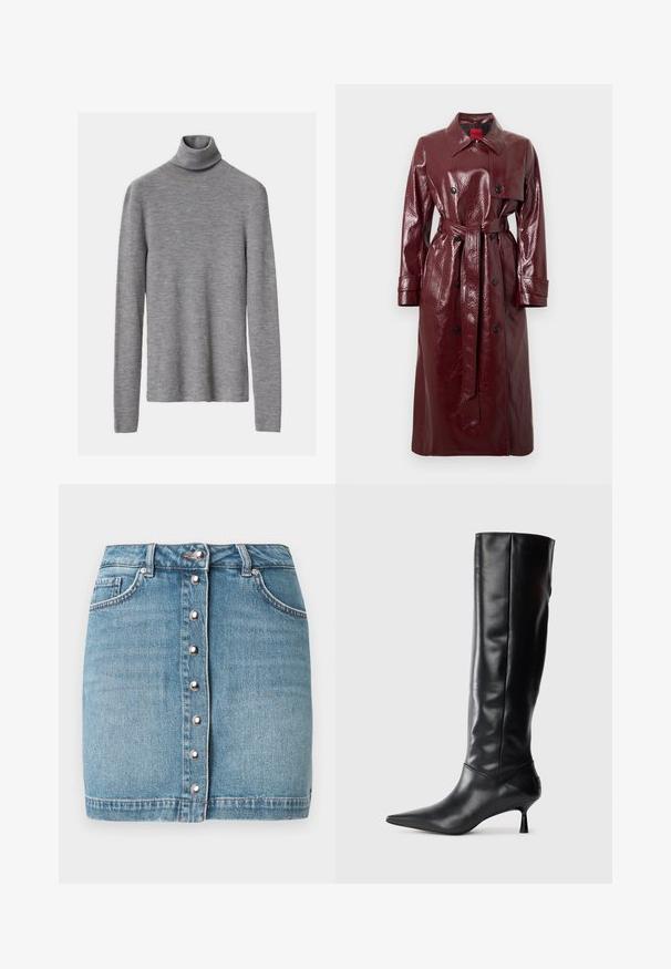 Vīna sarkana spīdīga trenčmētelis ar jostu viduklī, dubultpogājumu priekšā, lielu apkakli un divām priekšējām kabatām. Gluda, spīdīga tekstūra.; Pelēkā ribiņota turtlenecka džemperis ar garām piedurknēm, kuram ir pieguļošs siluets un mīksta tekstūra.; Gaiši zila džinsa mini svārki ar priekšējām pogām sudraba apkašņojumā, divām priekšējām kabatām un robainu apakšmalu.; Melnas ādas ceļgala augstuma zābaki ar norādītu purngalu un plānu izliekumu papēdi. Gluda tekstūra, pieguļošs dizains un bez redzamām detaļām vai rakstiem.