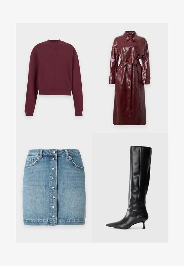 Burgundy glossy trench coat with a belted waist, double-breasted front, large collar, and two front pockets. Smooth, shiny texture.; Burgundy cropped sweatshirt with long sleeves, made of soft fabric, featuring a high neckline and embossed logo on the front.; Light blue denim mini skirt featuring a front button closure with silver hardware, two front pockets, and a frayed hemline.; Black leather knee-high boot with a pointed toe and slim curved heel. Smooth texture, fitted design, and no visible hardware or patterns.