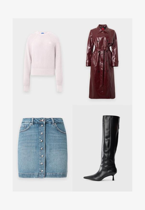 Burgundy glossy trench coat with a belted waist, double-breasted front, large collar, and two front pockets. Smooth, shiny texture.; Light pink cropped sweater with ribbed texture, round neckline, and long sleeves. Features a small logo on the chest.; Light blue denim mini skirt featuring a front button closure with silver hardware, two front pockets, and a frayed hemline.; Black leather knee-high boot with a pointed toe and slim curved heel. Smooth texture, fitted design, and no visible hardware or patterns.