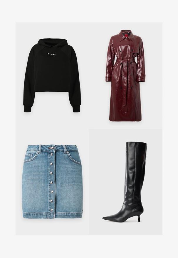 Trench coat bordeaux lucido con cintura, davanti doppiopetto, grande colletto e due tasche frontali. Texture liscia e lucida.; Felpa cropped nera con cappuccio a coulisse, con logo "PINKO" bianco sul petto. Realizzata in tessuto morbido con polsini a costine.; Minigonna di denim azzurro chiaro con chiusura frontale a bottoni con ferramenta argentata, due tasche frontali e orlo sfrangiato.; Stivale in pelle nera alto fino al ginocchio con punta affusolata e tacco sottile e curvato. Texture liscia, design aderente e senza hardware o motivi visibili.