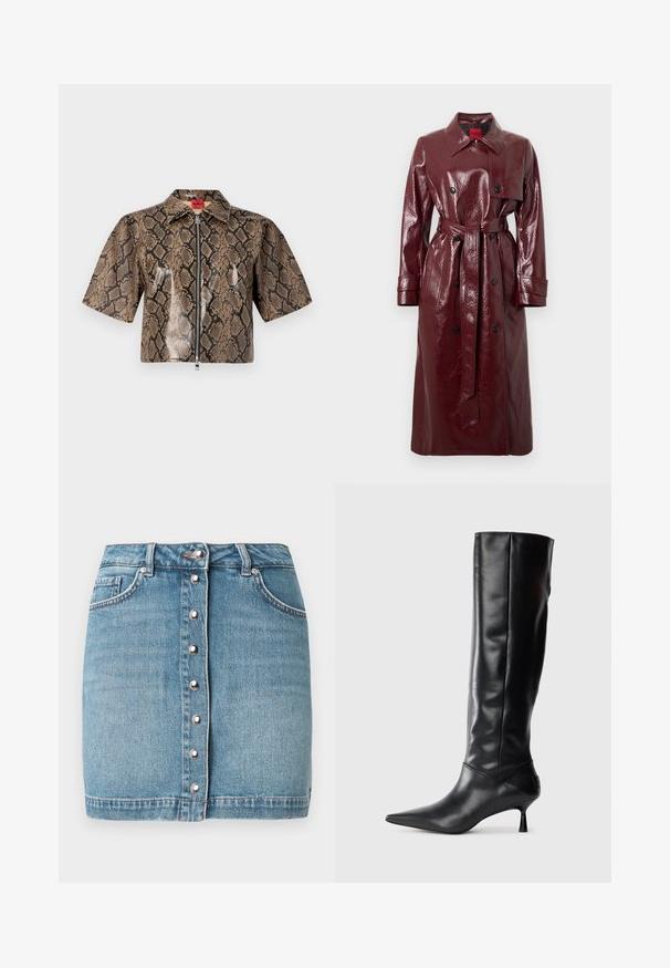 Vīna sarkana spīdīga trenčmētelis ar jostu viduklī, dubultpogājumu priekšā, lielu apkakli un divām priekšējām kabatām. Gluda, spīdīga tekstūra.; Īsa piedurkne, apgriezta jaka ar brūnu un melnu čūskādas rakstu, priekšā ar rāvējslēdzēju un ar norādītu apkakli.; Gaiši zila džinsa mini svārki ar priekšējām pogām sudraba apkašņojumā, divām priekšējām kabatām un robainu apakšmalu.; Melnas ādas ceļgala augstuma zābaki ar norādītu purngalu un plānu izliekumu papēdi. Gluda tekstūra, pieguļošs dizains un bez redzamām detaļām vai rakstiem.