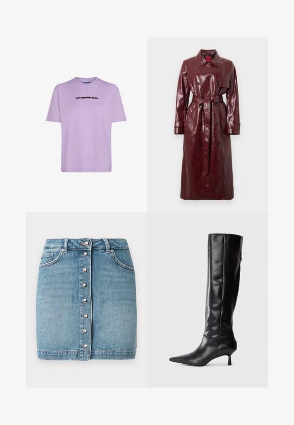 Burgundský lesklý trenčkot s opaskom v páse, dvojradovým zapínaním, veľkým golierom a dvoma prednými vreckami. Hladká, lesklá textúra.; Levanduľové bavlnené tričko s krátkymi rukávmi, okrúhlym výstrihom a čiernym logom "karl lagerfeld jeans" na hrudi.; Svetlomodrá mini džínsová sukňa so zapínaním na predné gombíky so striebornými kovaniami, dvoma prednými vreckami a rozpáraným lemom.; Čierna kožená vysoká čižma po kolená s špicatou špičkou a štíhlym zakriveným opätkom. Hladká textúra, priliehajúci dizajn a žiadne viditeľné kovanie alebo vzory.