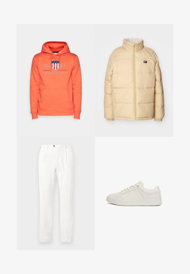 Chaqueta acolchada beige con cuello alto, cierre de cremallera en la parte delantera, diseño acolchado y puños elásticos. Presenta un pequeño emblema de logo en el lado izquierdo del pecho.; GANT ARCHIVE SHIELD - Jersey con capucha - orange; Pantalones blancos con un frente plano, dos pinzas y cierre de botón. Están hechos de una tela ligera, cuentan con piernas rectas y puños enrollados.; Zapatilla de piel blanca con textura suave, puntera redonda, suela de goma plana y costuras intrincadas. Presenta un detalle de logo en el costado.