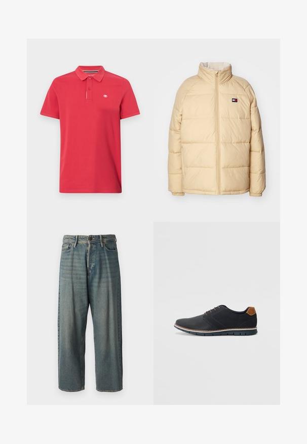 Bež podstavljena jakna s visokim ovratnikom, prednjim patentnim zatvaračem, kvisiranom vrstom, i elastičnim manžetama. Ima mali logo na lijevoj strani prsnog koša.; Crvena pamučna polo majica s klasičnom kragnom, tri gumba na kopčanju i malim logotipom izvezenim na lijevoj strani prsnog koša. Kratki rukavi.; Svijetloplave traperice s širokim krojem, srednjim pojasom i ravnim nogavicama. Ima pet džepova, petlje za remen i kopčanje na gumb.; Crne sintetičke cipele s teksturiranim gornjim dijelom, glatkim akcentima, smešnim petom i kontrastnom potplatom. Imaju minimalne vezice i detalje šivanja.