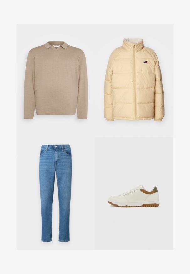 Beige dunjakke med høy krage, glidelås foran, quiltet design og elastiske mansjetter. Har et lite logoemblem på venstre bryst.; Beige langermet polo skjorte med v-hals, med krage og myk, jevn tekstur. Minimalistisk design uten synlige mønstre eller aksenter.; Blå denimjeans med rett ben-design, som har en klassisk fem-lomme stil, en front knappelukking og subtile slitasjedetaljer.; Tommy Hilfiger BASKET CORE - Joggesko - ecru/army green