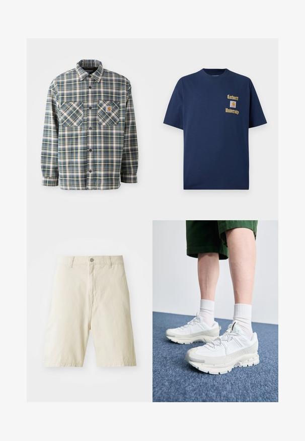 Button-up flannel shirt in blue, green, and cream plaid. Features two chest pockets, rounded collar, and dark buttons. Cotton material.; Navy blue cotton t-shirt with short sleeves, featuring gold text "Carhartt University" and a logo patch on the left chest.; Beige cotton shorts with a straight cut, a button and zip closure, two front pockets, and a plain texture. No visible patterns or accents.; White athletic shoes with textured overlays, a chunky sole, and gray accents. Worn with white crew socks and green shorts on a blue surface.
