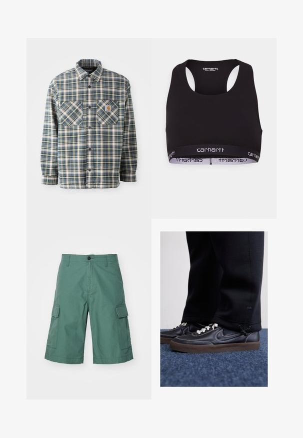 Camisa de franela abotonada en cuadros azules, verdes y crema. Presenta dos bolsillos en el pecho, cuello redondeado y botones oscuros. Material de algodón.; Sujetador deportivo negro con escote redondo y diseño de espalda nadadora. Presenta una cinturilla reforzada con el logotipo blanco de "carhartt". Textura del tejido suave.; Pantalones cortos cargo verdes hechos de una tela texturizada, con dos bolsillos laterales y un cierre de botón frontal. Terminan por encima de la rodilla con dobladillo cosido.; Nike Sportswear KILLSHOT 2 LTR PRM OPP2 - Zapatillas - black sail baroque brown mtlc dk grey