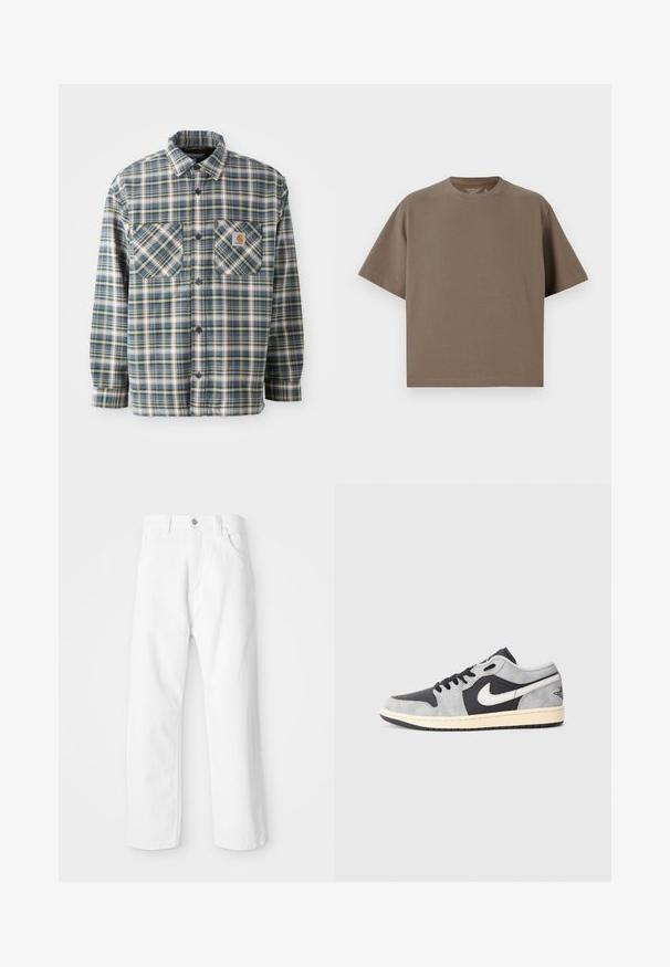 Knappskjorte i flanell i blå, grønn og kremmønstret ruter. Har to brystlommer, rund krage og mørke knapper. Laget av bomull.; Brun, kortermet t-skjorte laget av myk stoff med rund hals. Har en avslappet passform og en enkel sømdetalj.; Hvite denim bukser med rett ben-design, med en fremre knapp og glidelås lukking, fem lommer og en ren, strukturert overflate.; Nike Air Jordan 1 Low i grå og sort semsket skinn med hvite detaljer. Har en polstret såle og klassisk Nike swoosh-logo.