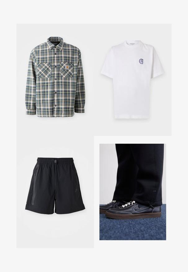 Srajca iz flanela s kratkimi rokavi v modri, zeleni in kremni karirni vzorec. Ima dve prsni žepki, zaobljen ovratnik in temne gumbe. Iz bombažnega materiala.; Bela bombažna majica s kratkimi rokavi, okrolim izrezom in majhnim, vezenim modrim logotipom "C" na levi strani prsnega koša.; Črne kratke hlače z elastičnim pasom, nastavljivim vezalnim trakom in dvema stranskima žepoma z zadrgo. Oblečeno gladko blago in diskretna logotipna obleka.; Nike Sportswear KILLSHOT 2 LTR PRM OPP2 - Športni copati - black sail baroque brown mtlc dk grey