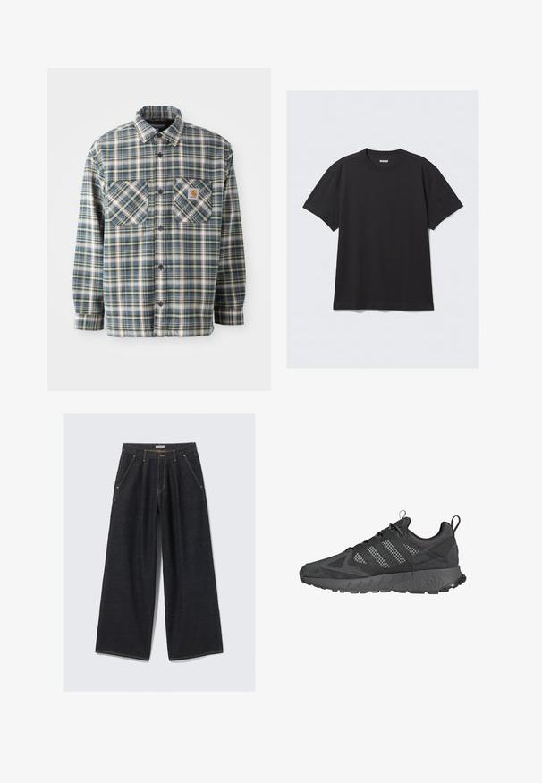 Hemd aus Flanell in Blau, Grün und Creme-Karomuster. Verfügt über zwei Brusttaschen, einen abgerundeten Kragen und dunkle Knöpfe. Aus Baumwollmaterial.; Schwarzes T-Shirt mit kurzen Ärmeln aus Baumwolle. Hat einen Rundhalsausschnitt und eine lockere Passform. Einfaches Design ohne sichtbare Muster oder Akzente.; Dunkelblaue, weite Jeans mit Vorderfalten, schrägen Taschen, Gürtelschlaufen und einem Knopfverschluss am Taillenbund, beschriftet mit "WEEKDAY."; Schwarze Sportschuhe mit Obermaterial aus Mesh und Wildleder, strukturierten Gummisohlen, gepolsterter Schuhkragen und markantem grauen Drei-Streifen-Design.