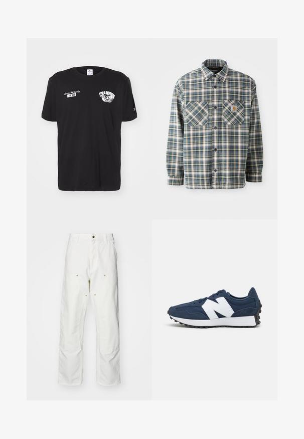 Košile na knoflíky z flanelu v modro-zeleno-krémové kostce. Obsahuje dvě náprsní kapsy, zaoblený límec a tmavé knoflíky. Materiál: bavlna.; Černé bavlněné tričko s krátkým rukávem a kulatým výstřihem, s bílým logem a nápisy "Champion" na přední straně a rukávu.; Bílé bavlněné cargo kalhoty s volným střihem. Vlastnosti zahrnují přední kapsy, zlaté kovové detaily a zpevněné oblasti na kolenou.; Námořnické modré sportovní boty s bílým logem, svršek z semiše a síťoviny, s polstrovaným límcem, plochými tkaničkami a texturovanou černou gumovou podrážkou.
