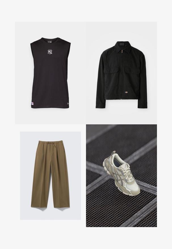 Crna pamučna jakna sa zatvaranjem na patentni zatvarač, ovratnikom, dva prednja zakrpljena džepa i logoom na rubu. Glatka tekstura, ležeran dizajn.; Crna majica bez rukava izrađena od gladkog materijala, s bijelim izvezenim logotipom i malim logotipom na rubu.; Široke hlače u maslinastoj boji, izrađene od mekanog materijala s elastičnom gumom u struku i podesivim vezicom. Imaju dva bočna džepa.; Bežna atletska cipela s teksturiranim mrežastim gornjim dijelom, suptilnim sivoj naglascima i podstavljenim jezikom. Zaobljen, podstavljen dizajn potplata za udobnost.