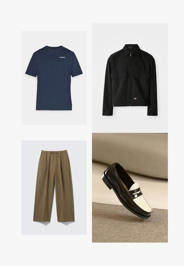 Zwarte katoenen jasje met een ritssluiting, puntkraag, twee voorzakken en een logo patch aan de zoom. Gladde textuur, casual ontwerp.; Navyblauw katoen t-shirt met korte mouwen. Heeft een klein wit geborduurd logo op de linker borst. Ronde halslijn.; Wijduitlopende broeken in olijfgroen, gemaakt van zachte stof met een elastische tailleband en een verstelbaar trekkoord. Beschikt over twee zijzakken.; Zwarte leren instapper met een crèmekleurige bovenkant en zwarte accentstrepen, kenmerkend door een lage hak en gedetailleerde stiksels langs de randen.