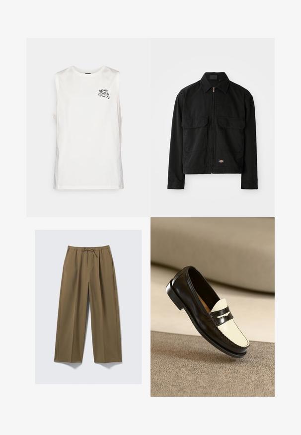 Black cotton jacket with a zip closure, point collar, two front patch pockets, and logo patch at the hem. Smooth texture, casual design.; Sleeveless white cotton shirt with round neckline and small black graphic text "Karma" with eyes and hand design on the left chest.; Wide-leg trousers in olive green, made from soft fabric with an elastic waistband and adjustable drawstring. Features two side pockets.; Black leather loafer with a cream-colored vamp and black accent stripes, featuring a low heel and detailed stitching along the edges.