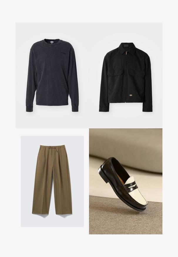 Casaco de algodão preto com fecho de zip, gola de bico, dois bolsos frontais de remendo e etiqueta com logótipo na bainha. Textura suave, design casual.; Camisa de manga longa em carbão escuro, feita de algodão suave. Apresenta um decote redondo e um logo bordado no peito. Corte clássico.; Calças largas em verde oliva, feitas de tecido suave com um cós elástico e cordão ajustável. Apresenta dois bolsos laterais.; Mocassim de couro preto com uma pala em tom creme e riscas pretas de destaque, apresentando um salto baixo e costura detalhada ao longo das bordas.