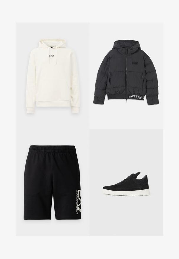 Črna puhovka s kapuco, zadrgo in izvezenim logotipom "EA7" na prsih. Ima rebrast rob in stranske žepe.; Kremni hoodie s sprednjim žepom, kapuco na vrvico in majhnim črnim logotipom "EA7 Emporio Armani" na sredini prsi.; EA7 Emporio Armani TRAIN VISIBILITY - Kratke hlače - black/cream; Črne semiš športne copate z belo gumijasto podplatom, ki imajo toneče šive in vezalni dizajn. Gladka tekstura z modernim, poenoteno oblikovano silhueto.