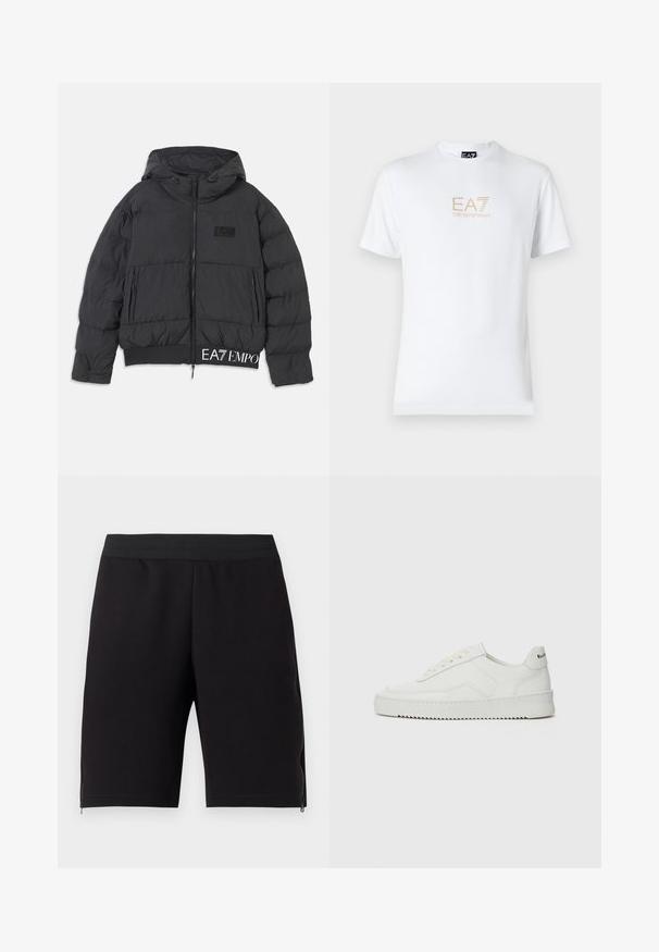 Musta puhvelitakkia hupulla, vetoketjukiinnityksellä ja brodeeratulla "EA7"-logolla rinnassa. Sisältää ribbaavan helman ja sivutaskut.; Valkoinen puuvillapaita, jossa on pyöreä kaula-aukko ja lyhyet hihansuut. Paidassa on etupuolella kultainen EA7 Emporio Armani -logo.; Mustat urheilushortsit, jotka on valmistettu pehmeästä kankaasta. Niissä on tiukka elastinen vyötärö ja sivuilla vetoketjut lisäämään käytännöllisyyttä.; Valkoinen nahkakenkä, jossa on sileä pinta, pyöreä kärki, tasaiset nauhat ja teksturoitu pohja. Sisältää huomaamattoman logon kantapäässä.