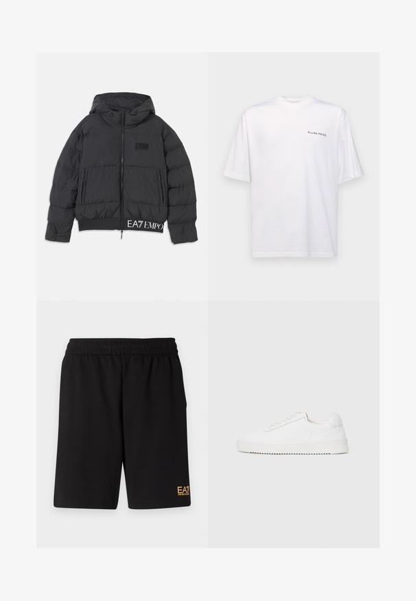 Crna puffer jakna s kapuljačom, zatvaranjem na zip i izvezenim "EA7" logom na prsima. Ima rebrasti rub i bočne džepove.; Bijela kratka majica s kratkim rukavima od pamuka s V-izrezom, koja na lijevoj strani ima otisnuti crni logotip "FILLING PIECES".; Crne atletske kratke hlače od mekanog materijala, s elastičnim pojasom i malim žutim EA7 logotipom na donjoj lijevoj nozi.; Bijela tenisica s glatkim kožnim gornjim dijelom, okruglim vrhom, vezicama, teksturiranim bočnim detaljima i debelim gumeni potplat. Minimalistički dizajn.