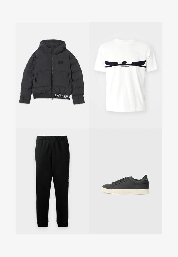 Svart boblejakke med hette, glidelåslukking og brodert "EA7"-logo på brystet. Har ribbet kant og sidelommer.; Hvit bomull t-skjorte med et marineblått ørn grafikk og "EMPORIO ARMANI" tekst under designet. Korte ermer og rund hals.; Sorte joggebukser med elastisk midje, smalere ben og sidelommer. Har en iøynefallende grafisk detalj langs venstre side.; Svart skinnsneaker med lav profil, rund tå og snøring; har en teksturert gummisåle og logo-detalj på hælen.