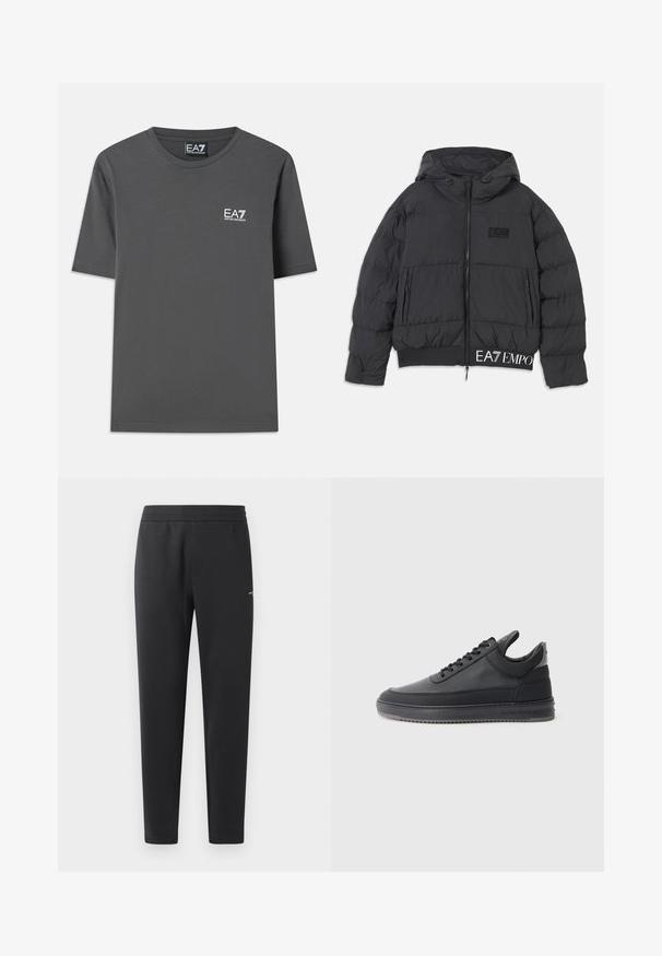 Must värvi puffer-jakk, millel on kapuuts, lukuga sulgemine ja tikand "EA7" logo rinnal. Omab soonikkoeservi ja küljetaskuid.; Halli puuvillane T-särk lühikeste varrukatega, ümara kaelusega ja väikese valge logoga vasakul rinnal. Sile tekstuur ja standardmõõdus lõige.; Mustad jogger pants pehmest kangast, millel on elastne vöökoht, sirged sääred ja üks väike logodetail küljel.; Mustad nahkkingad tekstuurse pinnaga, kinnitatavad paeltega, madala varbaga ning hall kummitald, millel on sooneline äär.