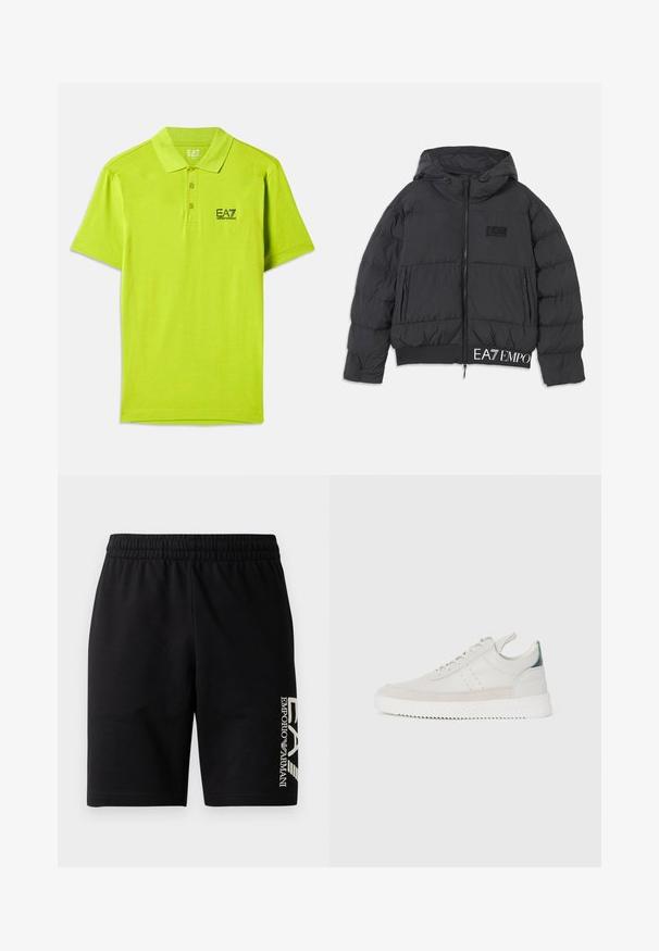 Čierna puffrová bunda s kapucňou, na zips a vyšívaným logom "EA7" na hrudi. Má rebrovaný lem a bočné vrecká.; Živá limetková zelená polo košeľa vyrobená z mäkkej tkaniny, s klasickým golierom, tromi gombíkmi a čiernym logom EA7 na hrudi.; EA7 Emporio Armani TRAIN VISIBILITY - Šortky - black/cream; Biele kožené tenisky s šedými semišovými akcentmi, viazanie, pútko na päte a textúrovaná gumová podrážka s cik-cak vzorom.