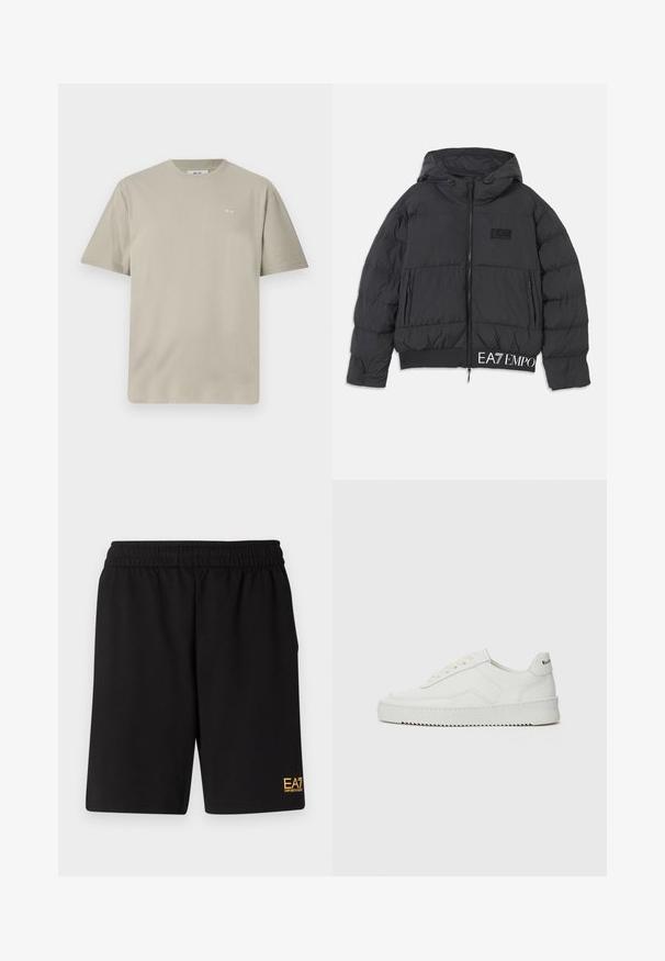 Schwarze gesteppte Jacke mit Kapuze, Reißverschluss und gesticktem "EA7"-Logo auf der Brust. Verfügt über einen gerippten Saum und Seitentaschen.; Hellgraues Baumwoll-T-Shirt mit kurzen Ärmeln, Rundhalsausschnitt und kleinem bedrucktem Logo auf der linken Brustseite. Weicher, glatter Stoff.; Schwarze Sportshorts aus weichem Material, mit einem elastischen Bund und einem kleinen gelben EA7-Logo am unteren linken Bein.; Weiße Ledersneaker mit glatter Oberfläche, runder Zehenpartie, flachen Schnürsenkeln und strukturiertem Sohlenprofil. Mit einem dezenten Logo an der Ferse.