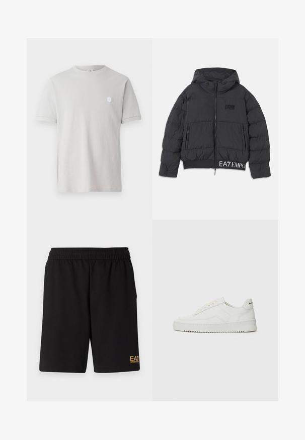 Black puffer jacket with a hood, zip closure, and embroidered "EA7" logo on the chest. Features ribbed hem and side pockets.; Light gray cotton t-shirt with short sleeves, round neckline, and a small hexagonal white logo on the upper left side. Smooth texture.; Black athletic shorts made of soft fabric,Featuring an elastic waistband and a small yellow EA7 logo on the lower left leg.; White leather sneaker with a smooth finish, round toe, flat laces, and a textured sole. Features a subtle logo on the heel.