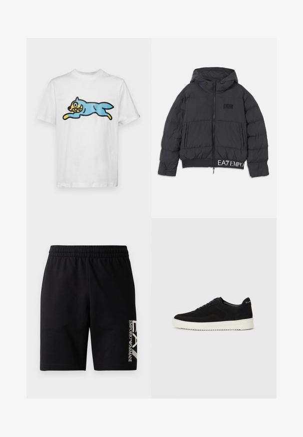 Casaco puffer preto com capuz, fecho de zíper e logotipo bordado "EA7" no peito. Apresenta bainha canelada e bolsos laterais.; T-shirt de algodão branca com um gato azul em estilo de desenho animado, com o rosto amarelo e dentes afiados, posicionado em uma postura de salto.; EA7 Emporio Armani TRAIN VISIBILITY - Calções - black/cream; Sapatilhas de camurça pretas com design de atacadores e sola de borracha branca em contraste. Apresenta painéis laterais texturizados e uma marcação discreta no calcanhar.