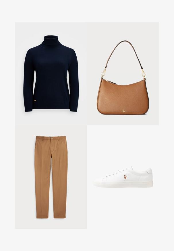 Beež trench-kate, millel on topeltrinda esiosa, suured kraed, vöödiga vöökoht ja reguleeritavad mansetid; sile materjal koos klassikalise disainiga.; Lauren Ralph Lauren Woman SILK BLEND TURTLENECK SWEATER - Džemper - navy; Pruunist puuvillast valmistatud püksid, millel on slim-fit disain, lapik eesmine osa ja tavalised taskud; sile tekstuur ja ääristatud sääreotsad.; Valged nahast tossud, madala ülaservaga disain, millel on sile tekstuur, ümar varvas, nööridega esiosa ja väike tikand logoga küljel.; Pruun tekstuuriga nahast kott, millel on kaarjas kuju, kuldtoonist detailid ja üks õlapael. Omab lukuga sulgemist ja logo detaili.; Kuldse tooni sõlm kõrvarõngad, millel on keeratud disain. Igal kõrvarõngal on ringikujuline läbipaistev tagaosa, mis tagab kindla kandmise.