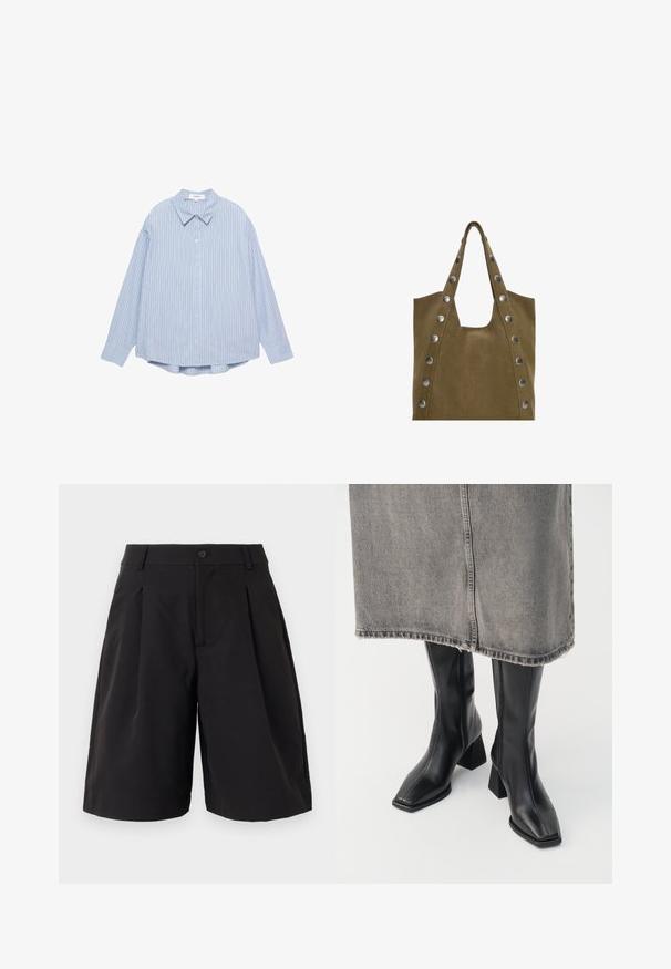 Impermeabile beige con chiusura doppia, ampie rever, vita con cintura e polsini regolabili; tessuto liscio con un design classico.; Camicia a maniche lunghe a righe azzurre chiare con chiusura frontale a bottoni, collo classico e orlo arrotondato. Realizzata in tessuto tessuto con una texture morbida.; Maglietta bianca a maniche lunghe con colletto a barca, dalla vestibilità slim e dalla superficie liscia, posata su uno sfondo bianco.; Noisy May NMMAILE - Pantaloni - black; Stivali neri al ginocchio in pelle liscia con punta squadrata e tacco a blocco. Indossati con una gonna in denim grigia con orlo sfilacciato.; Borsa a tote in suede khaki con due manici superiori, caratterizzata da grandi rivetti argentati lungo i lati e un'ampia apertura superiore per un facile accesso.