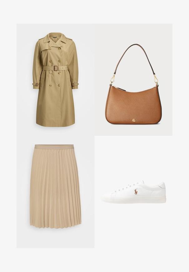 Vaaleanbeige trenssitakkia, jossa on kaksoisnapitus edessä, suuret kaulukset, vyötäröllä vyö ja säädettävät hihansuut; sileä kangas ja klassinen muotoilu.; Valkoinen sovitettu paita, jossa on veneenkaula-aukko, lyhyet käänteiset hihat ja sileä, pehmeä kangas. Yksinkertainen malli ilman kuvioita tai koristeita.; Vaaleanbeige muotopuolihame, jossa on litteä vyötärö. Kangas on sileää, ja siinä on pystysuorat taitteet sekä aallotettu helma. Tyylikäs ja yksinkertainen muotoilu.; Valkoiset nahkakengät, matala malli, jossa on sileä pinta, pyöreä kärki, nauhakiinnitys edessä ja pieni brodeerattu logo sivulla.; Ruskea teksturoitu nahkalaukku kaarevalla muodolla, kultasävyisellä metalliosalla ja yhdellä olkahihnalla. Varustettu vetoketjulla ja logo-yksityiskohdalla.; Kultaketjut korvakorut, joissa on kierretystä muotoilusta valmistettu solmu. Jokaisessa korvassa on pyöreä, kirkas tausta varman käyttömukavuuden takaamiseksi.