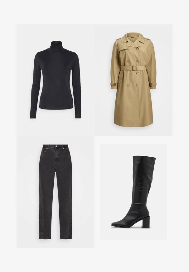Bež dugački kaput s dvostrukim kopčanjem, velikim kragnama, pojasom u struku i podesivim manžetama; glatka tkanina s klasičnim dizajnom.; Crna turtleneck majica dugih rukava izrađena od glatkog, rastezljivog materijala. Ima uski kroj i visoki ovratnik. Minimalistički stil, bez vidljivih uzoraka.; Crne traperice ravnih nogavica s visokim strukom, prednjim kopčanjem na dugme i patentni zatvarač, te stilom s pet džepova na bijeloj pozadini.; RAID BLICK - Čizme - black