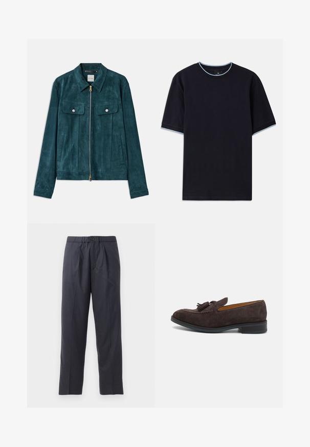 Türkiis sametjakk, millel on krae, lukk, esikotid ja hõbedased detailid. Omab vertikaalseid paneele ja sileda tekstuuri.; Tume sinine lühikese varrukaga t-särk ümmarguse kaelusega, millel on helesinised aktsendid kaeluse ja varrukate ümber. Valmistatud pehmest puuvillast kangast.; Tumed sinised püksid pehmest kangast, mille esiosal on volditud disain ja elastne vöökoht. Varustatud nupuga sulgemisega ja sirge lõikega.; Paul Smith LAWSON - Jalga libistatavad jalanõud - brown